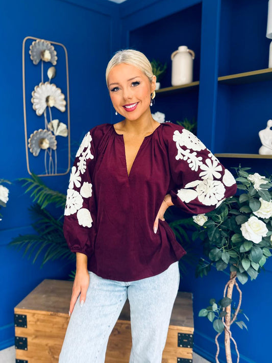 Fiona Crochet Sleeve Corduroy Top Burgundy