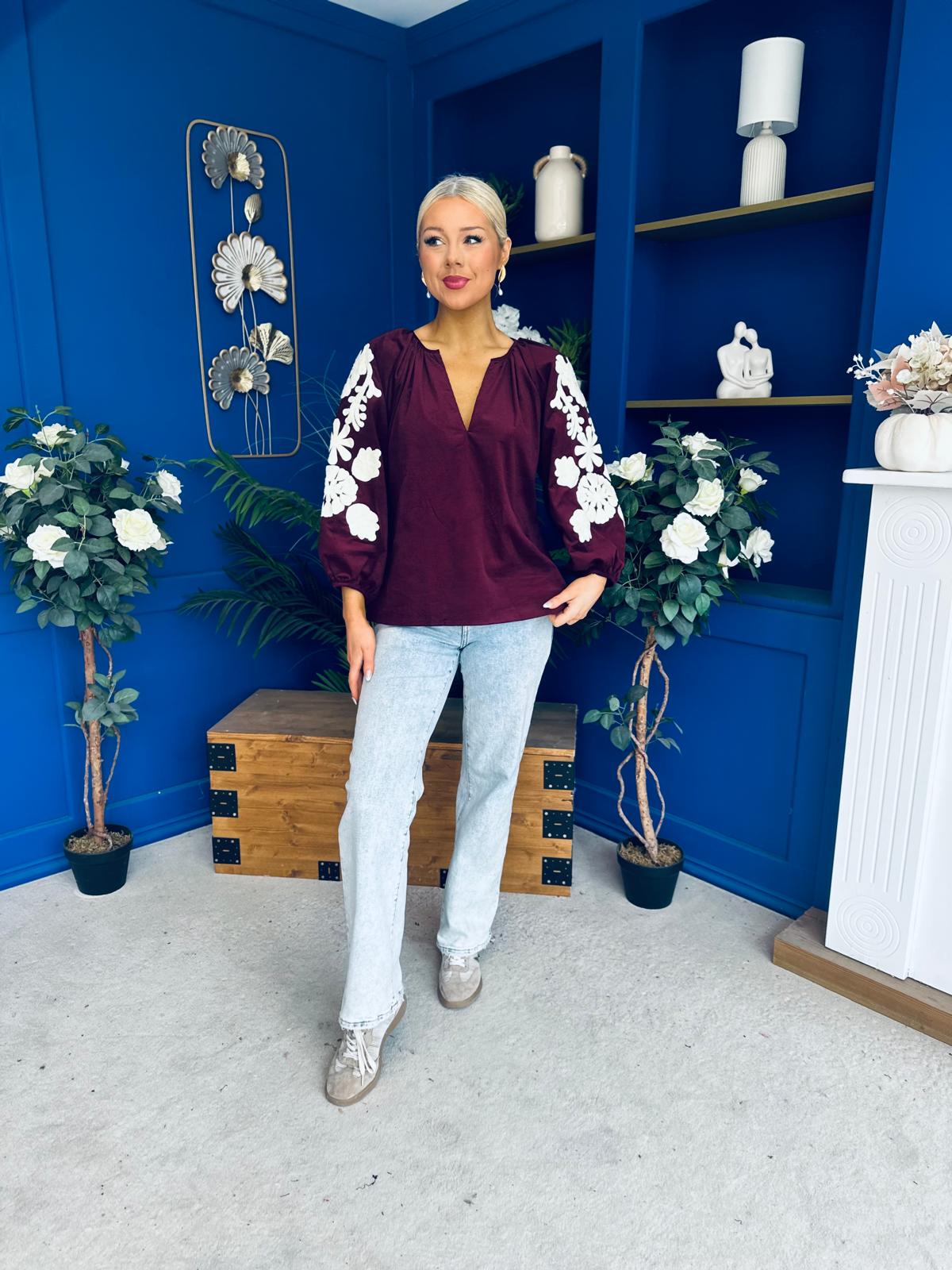Fiona Crochet Sleeve Corduroy Top Burgundy