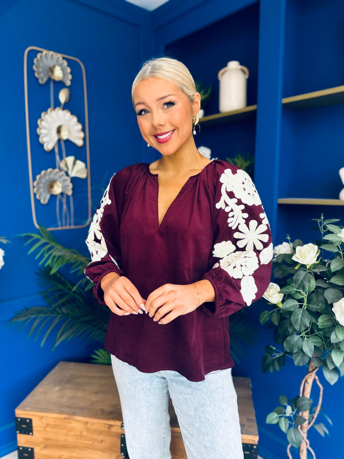 Fiona Crochet Sleeve Corduroy Top Burgundy