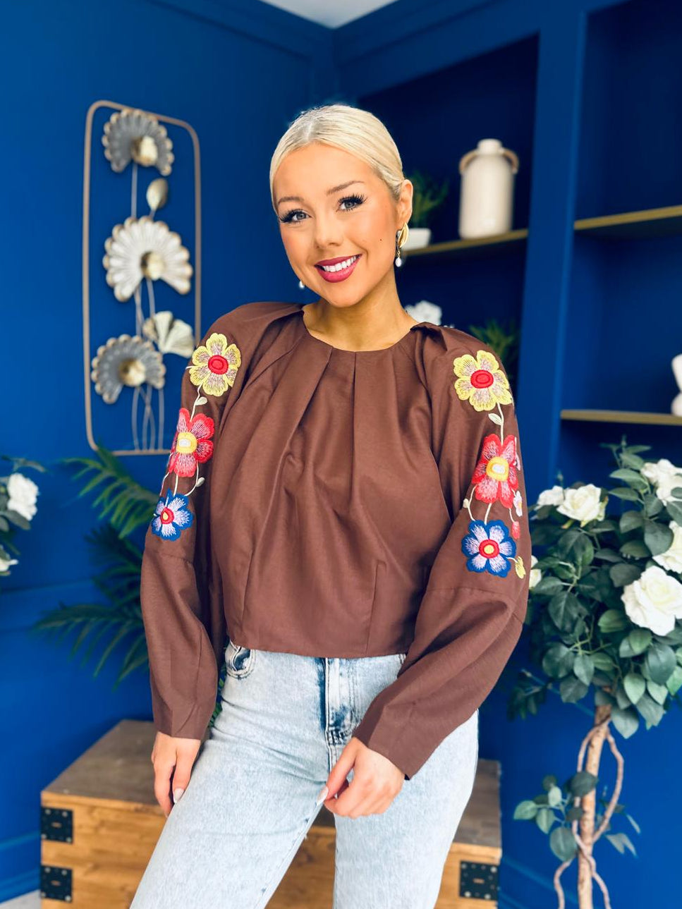 Alana Gathered Top Crochet Detail Sleeve Chocolate