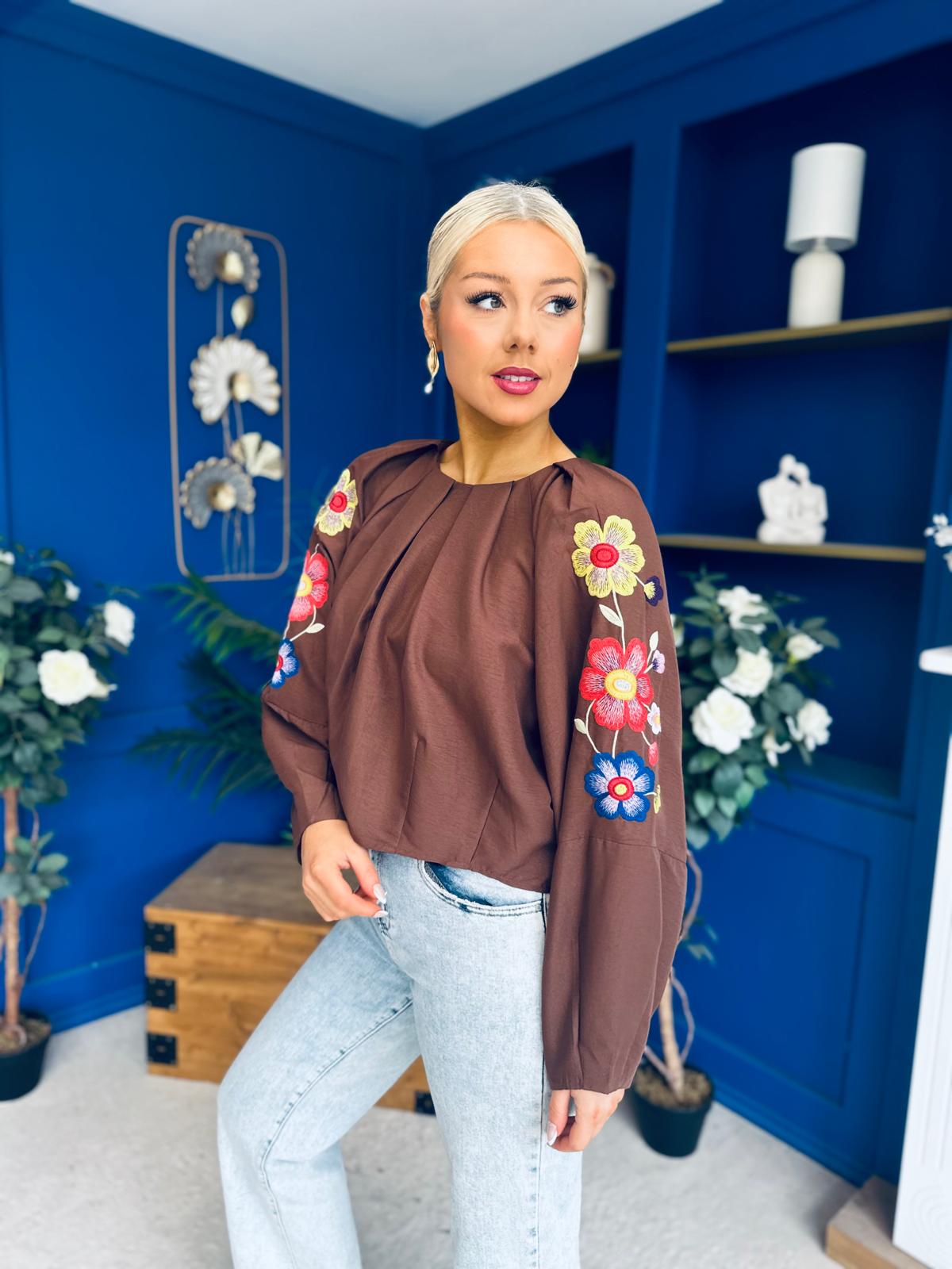 Alana Gathered Top Crochet Detail Sleeve Chocolate