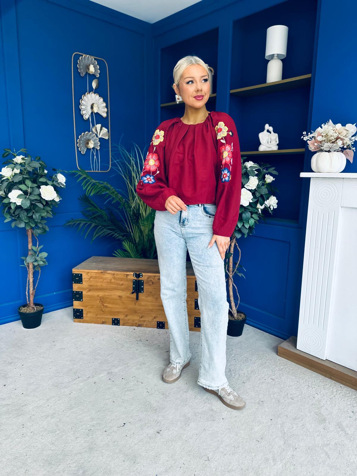 Alana Gathered Top Crochet Detail Sleeve Wine