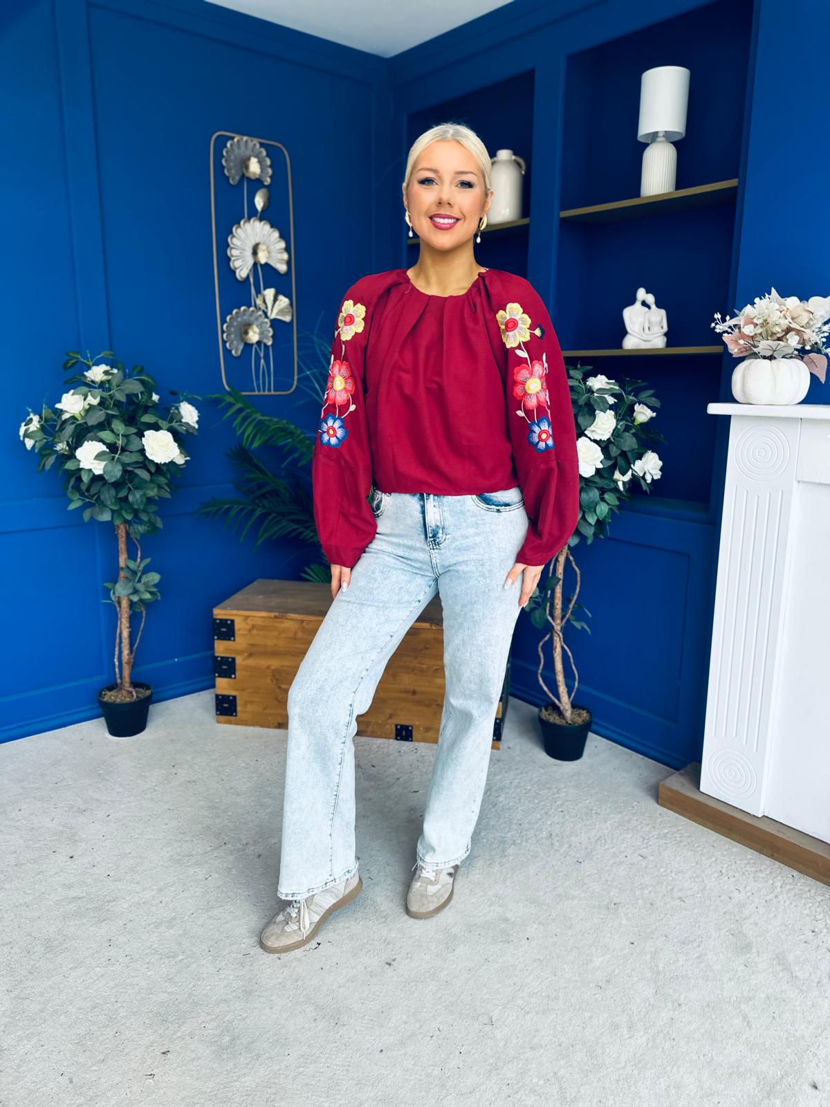 Alana Gathered Top Crochet Detail Sleeve Wine