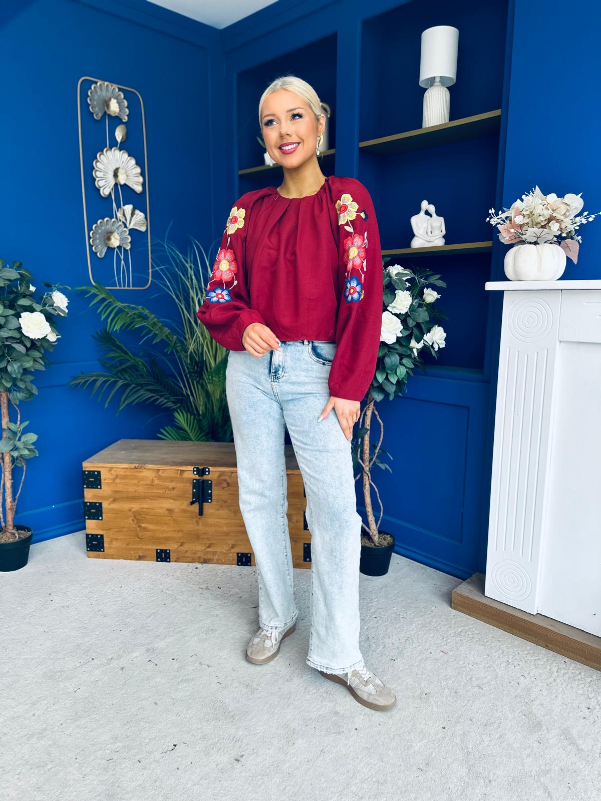 Alana Gathered Top Crochet Detail Sleeve Wine