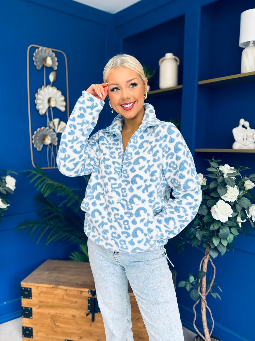 LuLu Half Zip Fleece Leopard Blue