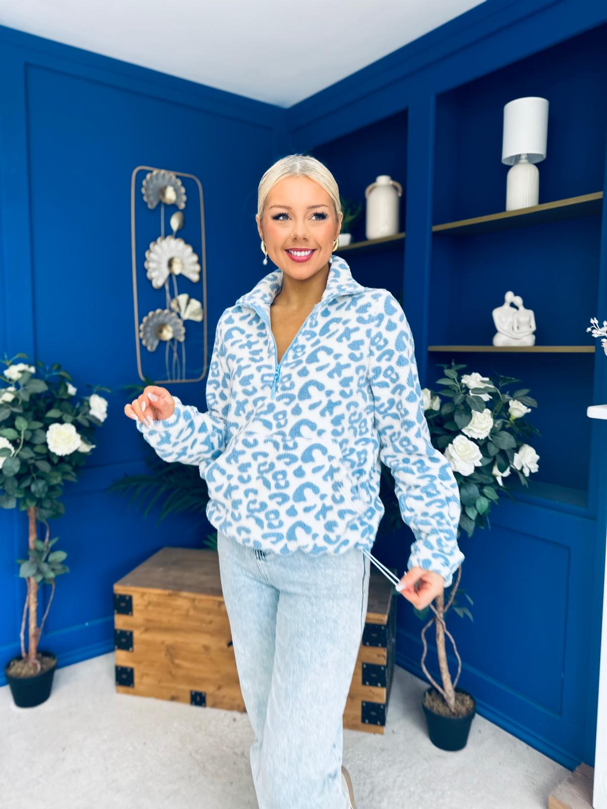 LuLu Half Zip Fleece Leopard Blue