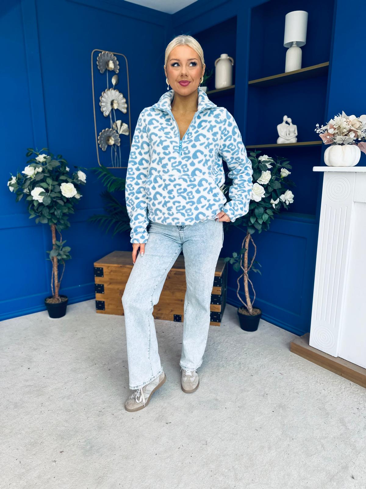 LuLu Half Zip Fleece Leopard Blue