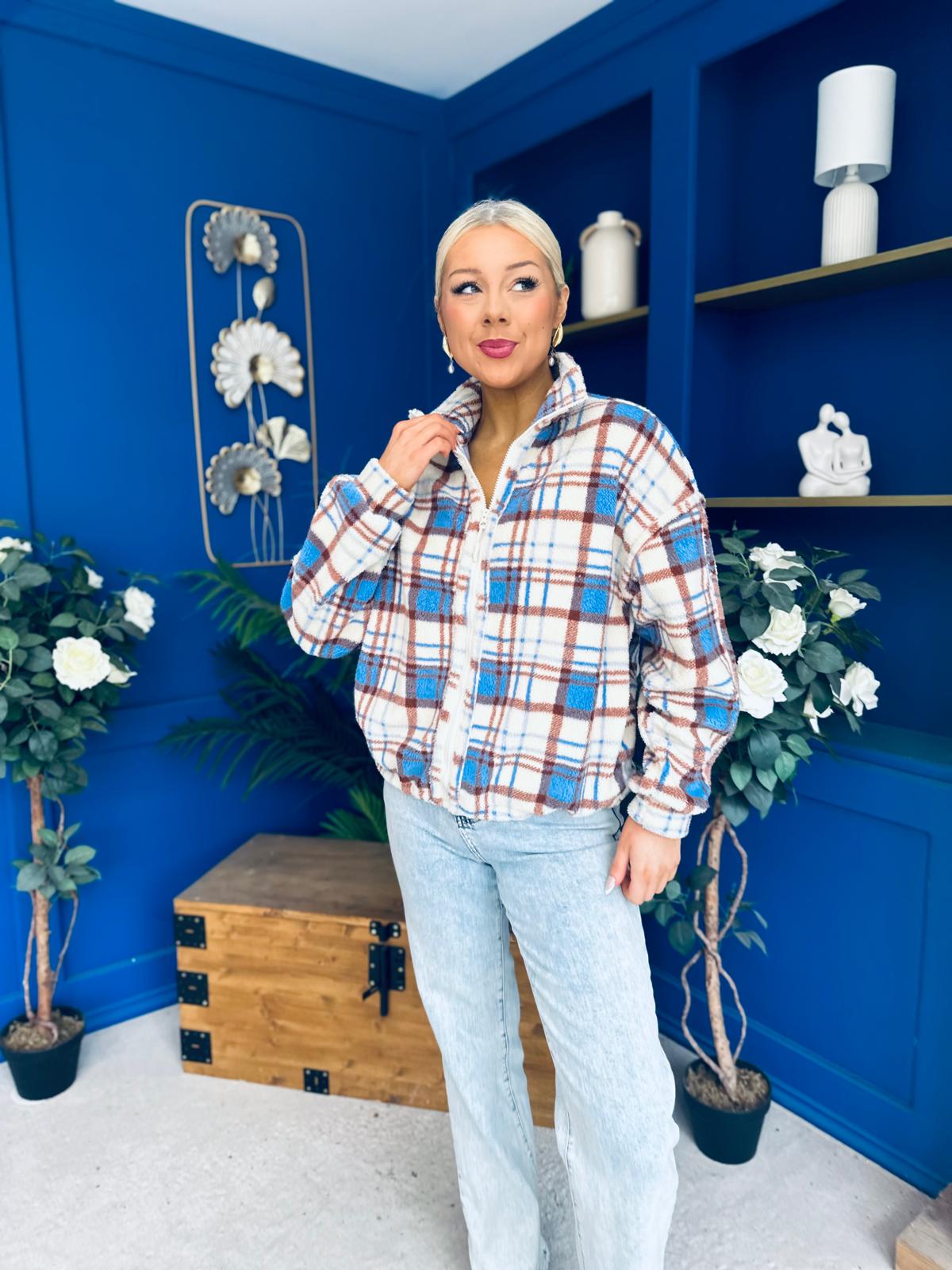 LuLu Full Zip Fleece Blue Check Cream