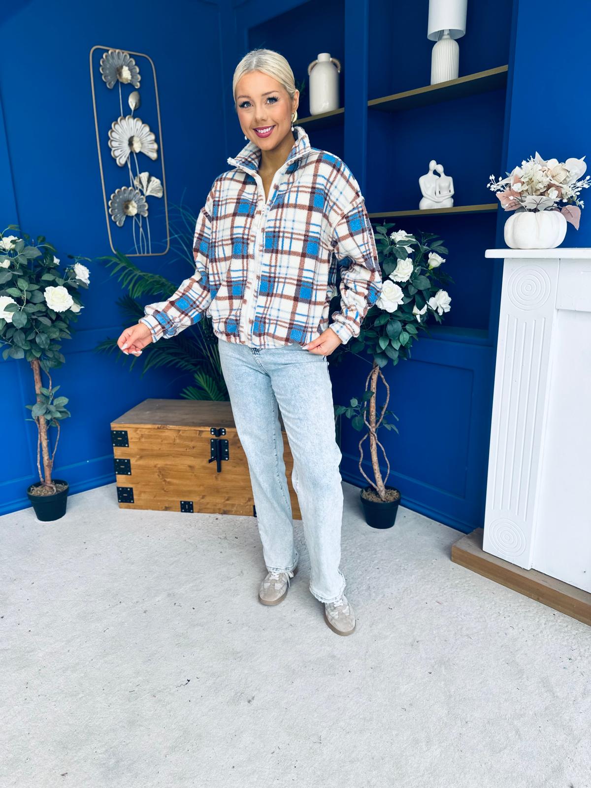 LuLu Full Zip Fleece Blue Check Cream