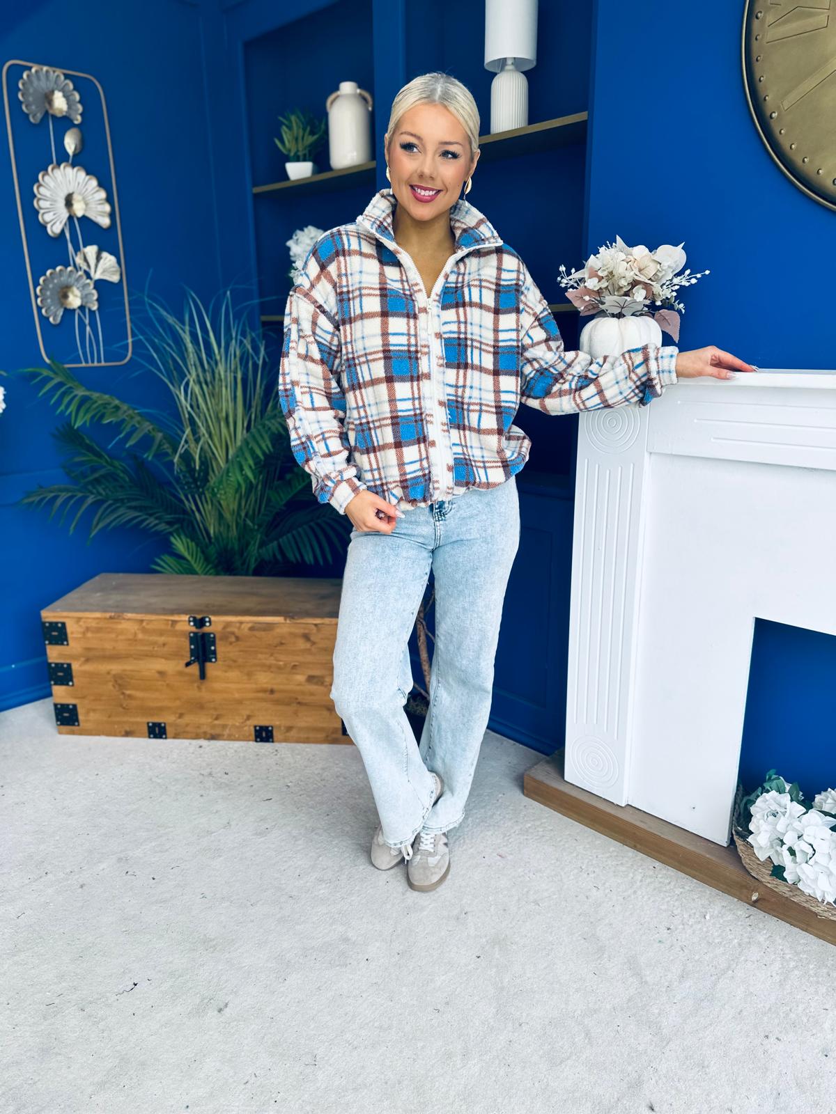 LuLu Full Zip Fleece Blue Check Cream