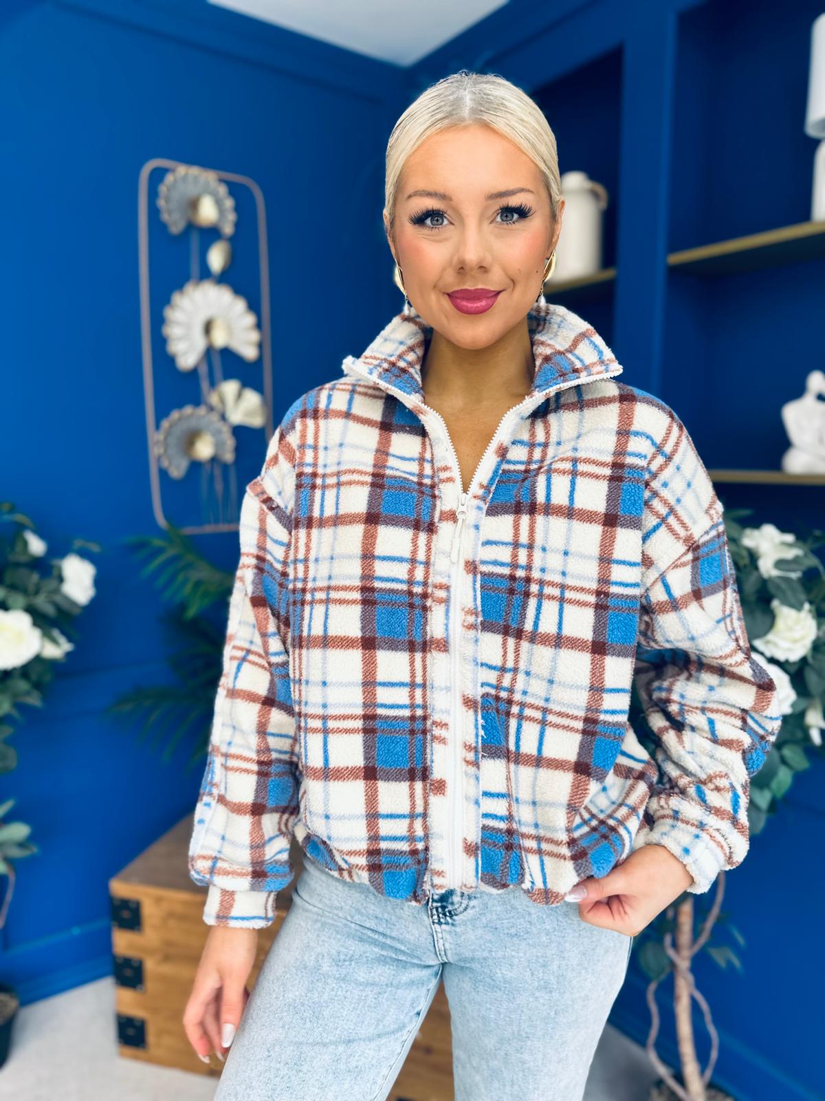 LuLu Full Zip Fleece Blue Check Cream