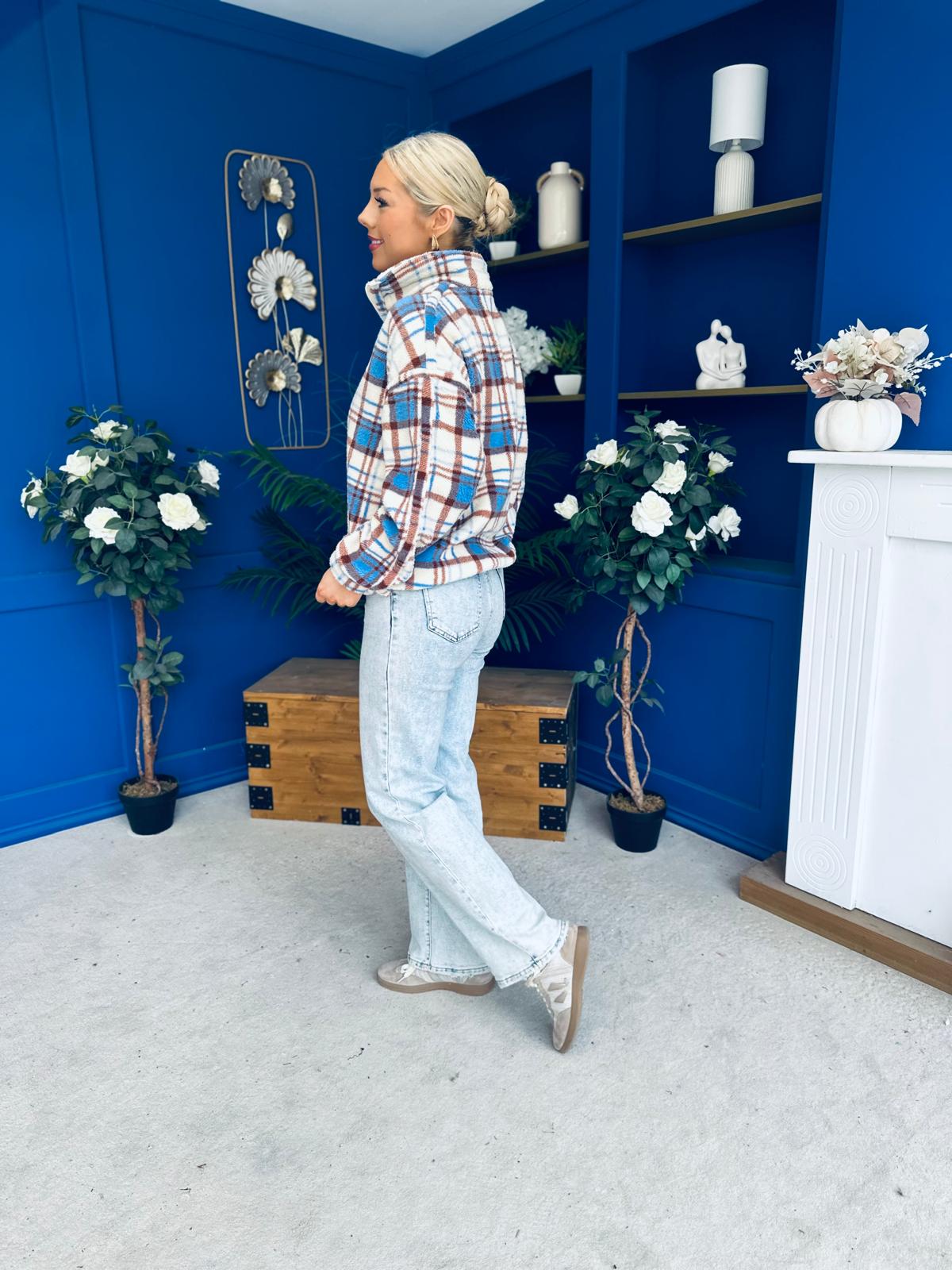LuLu Full Zip Fleece Blue Check Cream