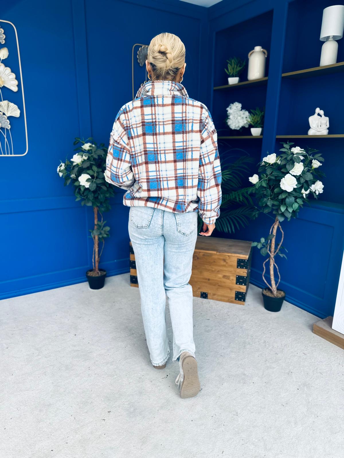 LuLu Full Zip Fleece Blue Check Cream