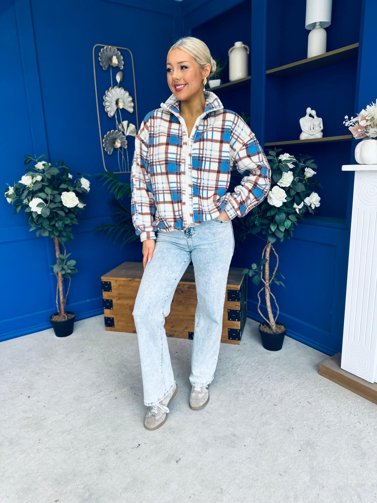 LuLu Full Zip Fleece Blue Check Cream