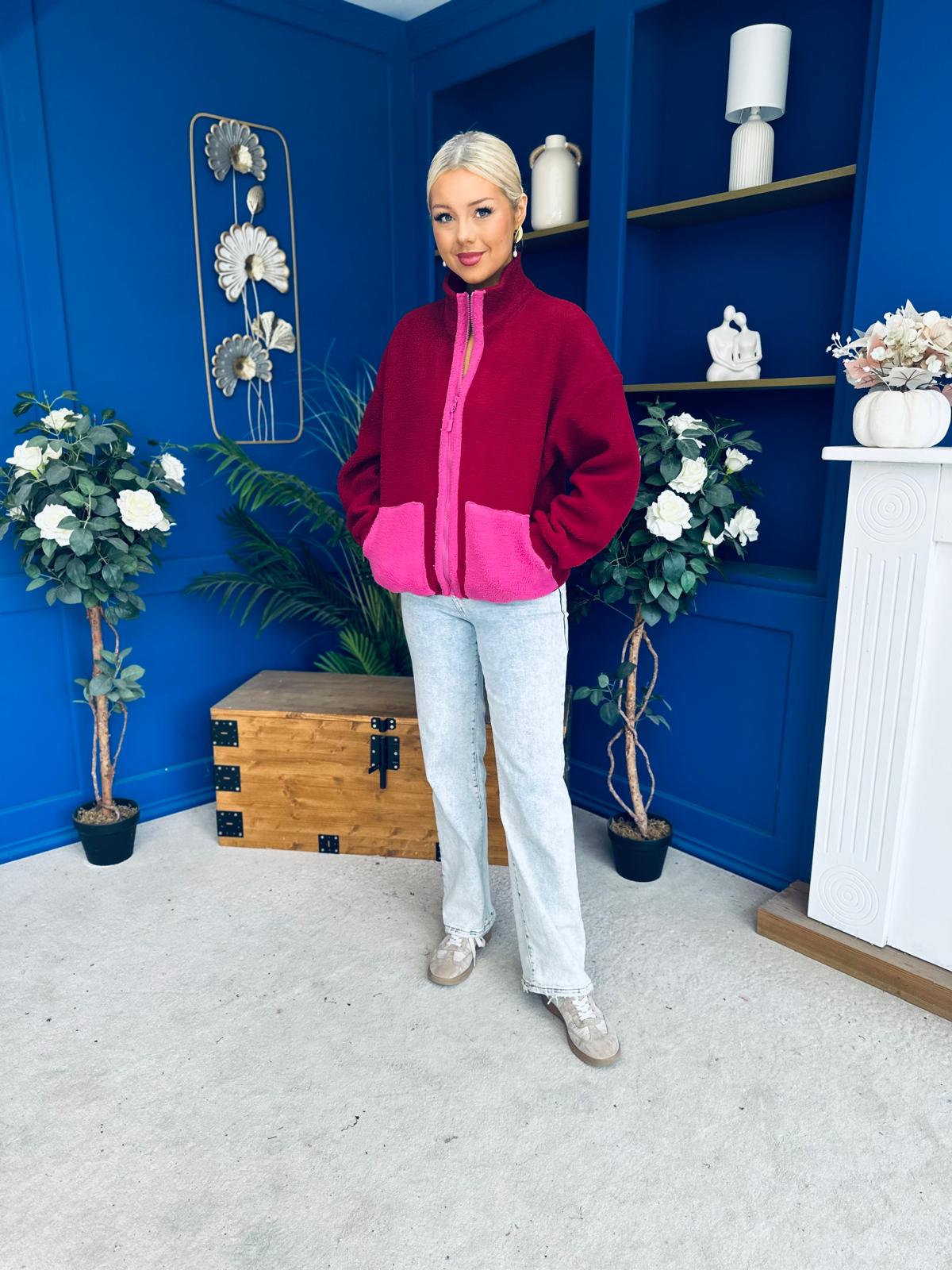 Mimi Contrast Block Colour Full Zip Fleece Wine