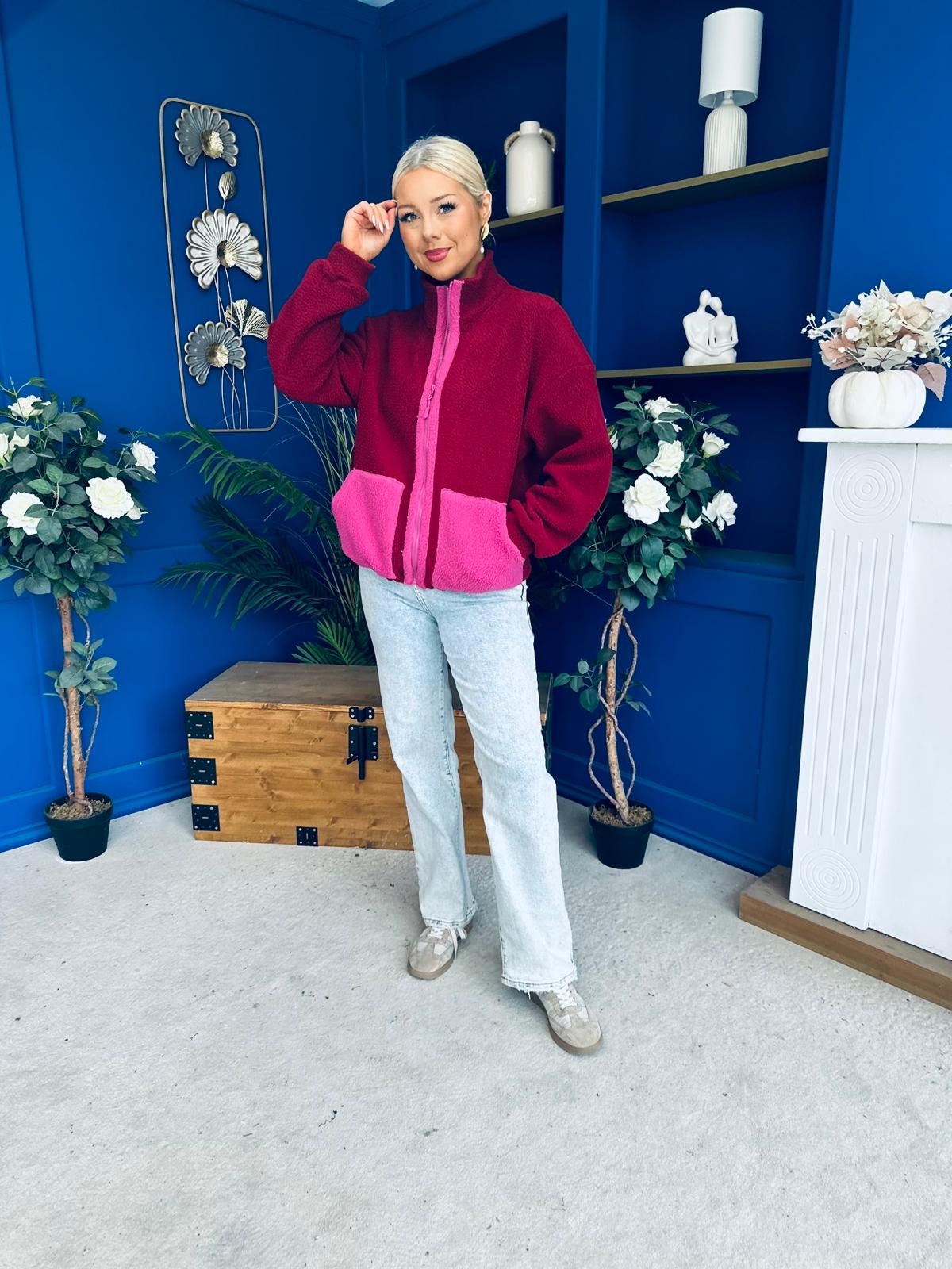 Mimi Contrast Block Colour Full Zip Fleece Wine