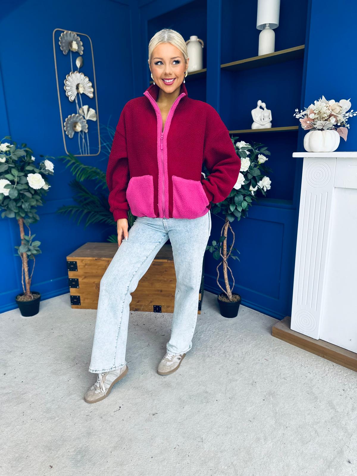 Mimi Contrast Block Colour Full Zip Fleece Wine