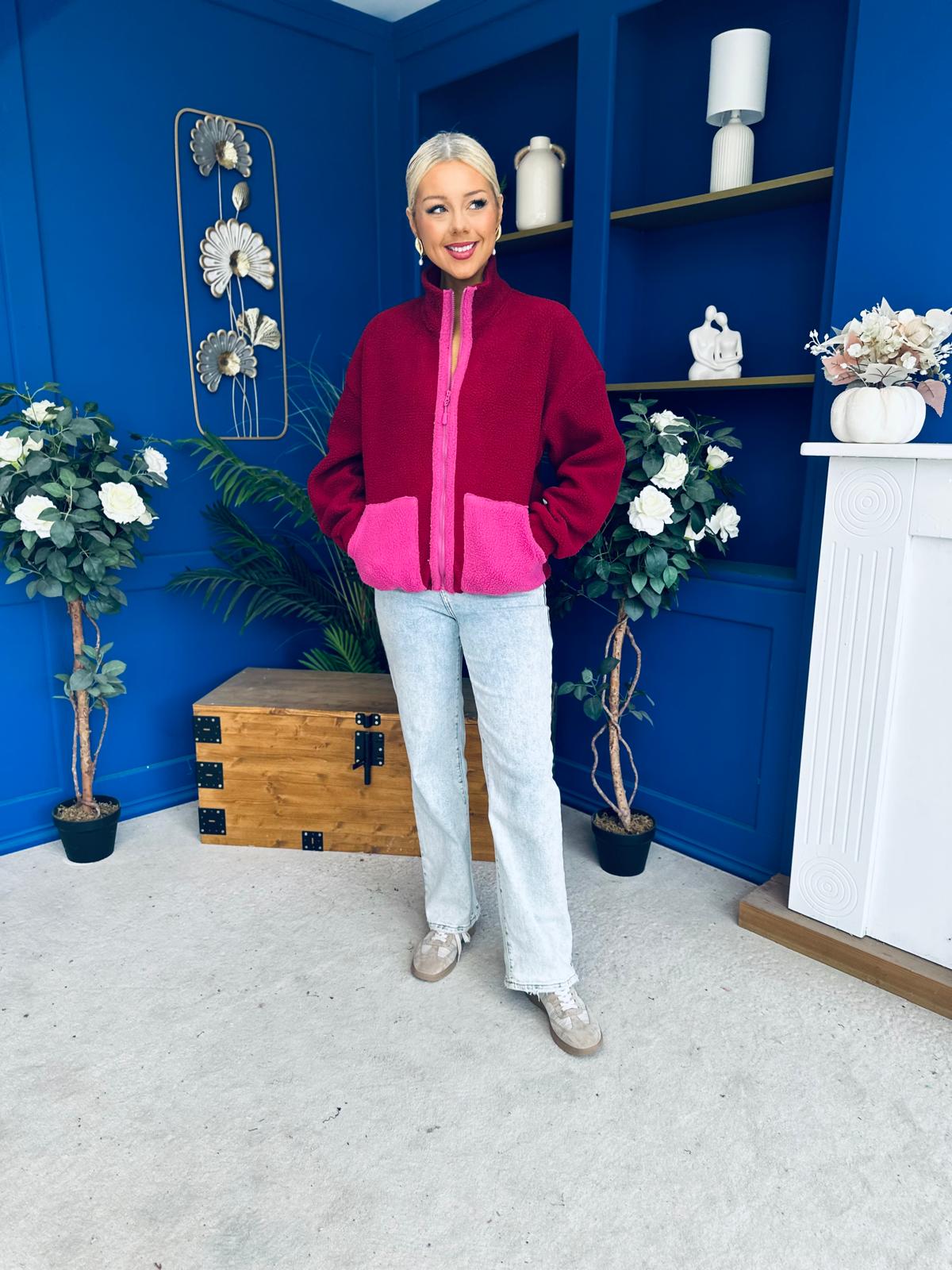 Mimi Contrast Block Colour Full Zip Fleece Wine