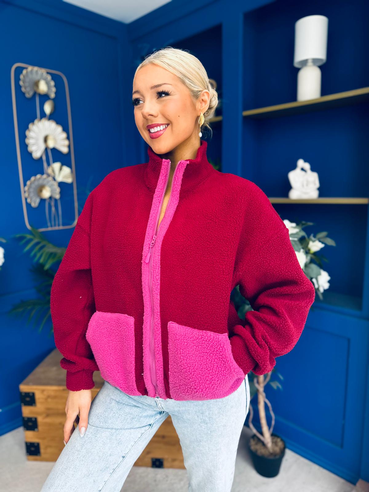 Mimi Contrast Block Colour Full Zip Fleece Wine