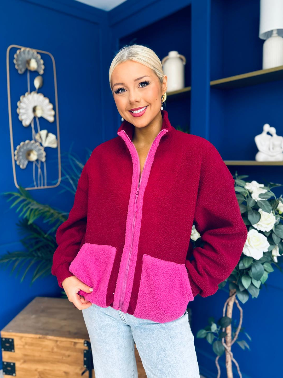 Mimi Contrast Block Colour Full Zip Fleece Wine