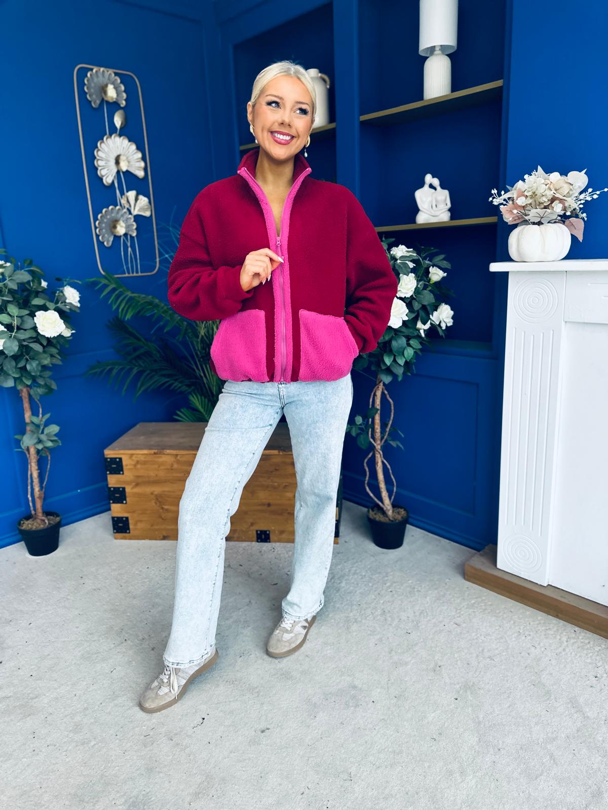 Mimi Contrast Block Colour Full Zip Fleece Wine
