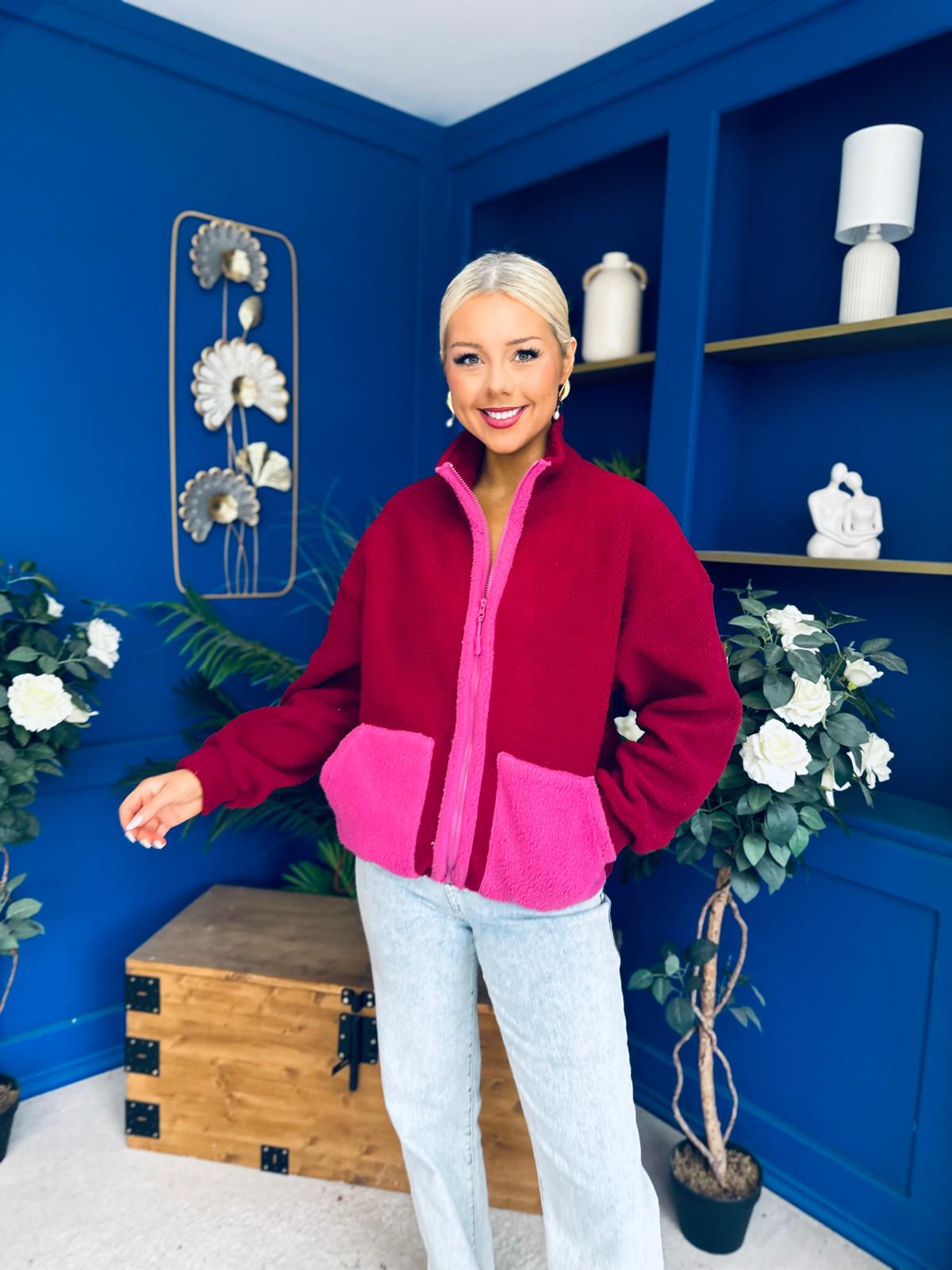 Mimi Contrast Block Colour Full Zip Fleece Wine