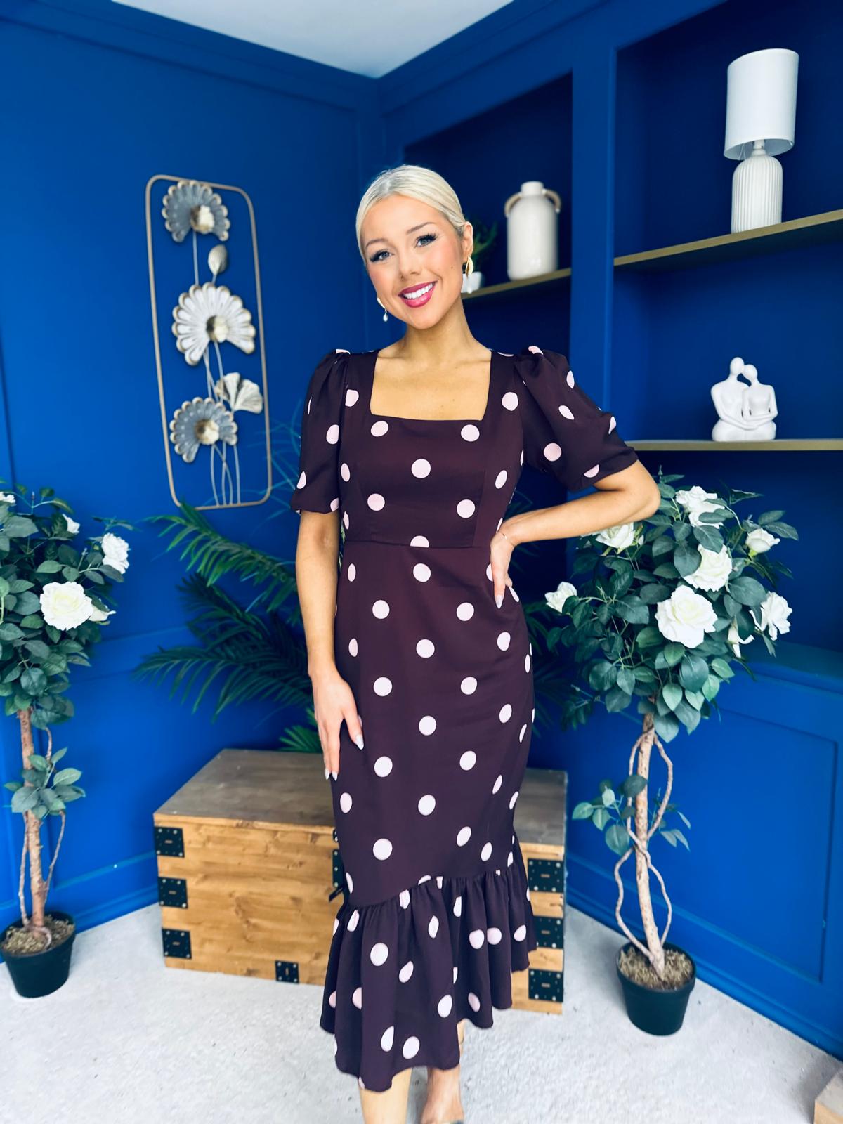 Jennifer Frill Hem Midi Dress Pink Polka Burgundy