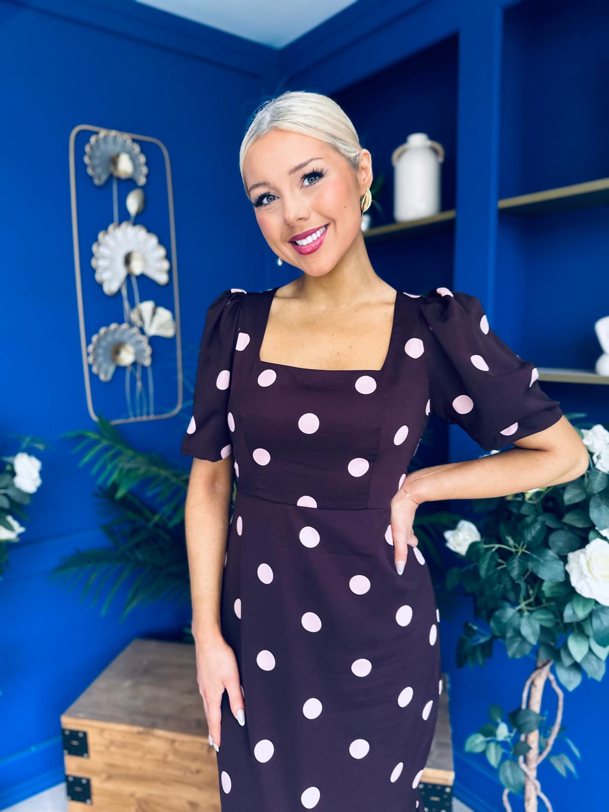 Jennifer Frill Hem Midi Dress Pink Polka Burgundy
