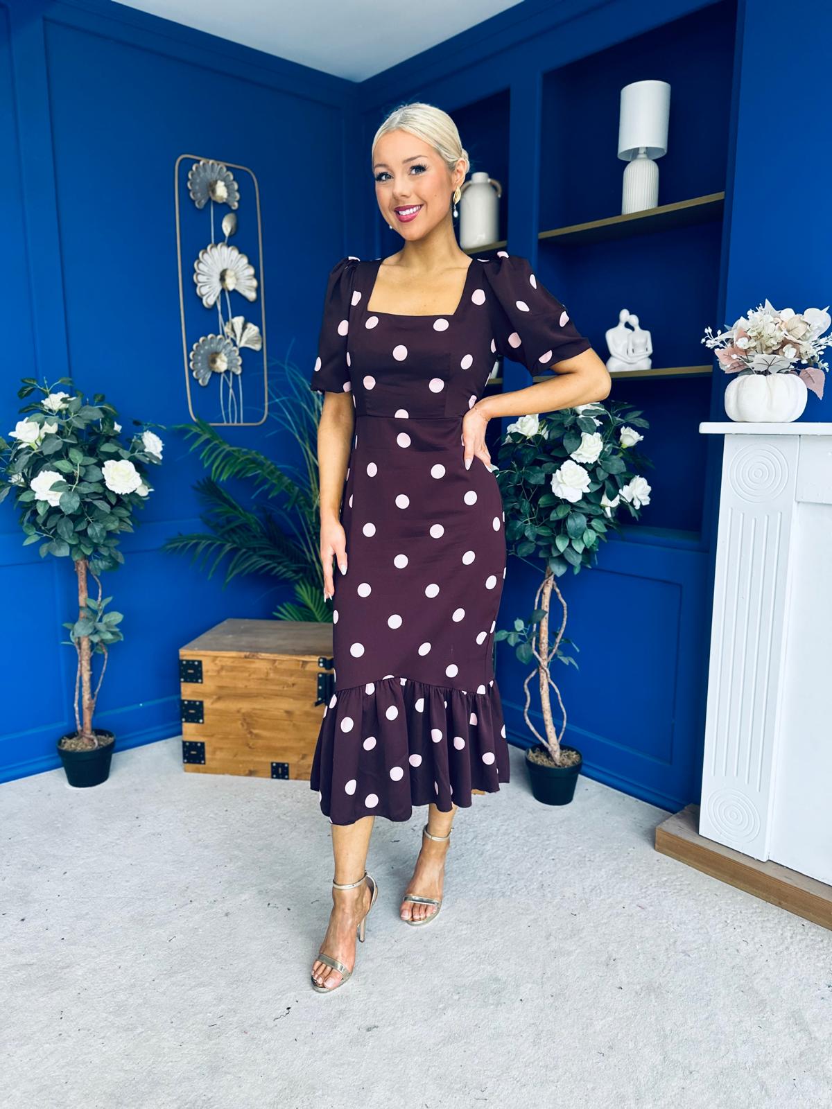 Jennifer Frill Hem Midi Dress Pink Polka Burgundy
