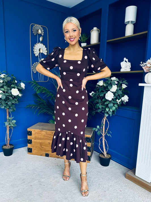 Jennifer Frill Hem Midi Dress Pink Polka Burgundy
