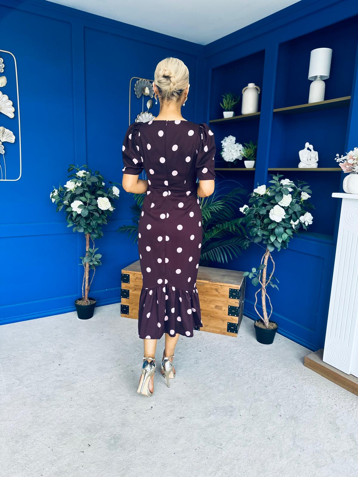 Jennifer Frill Hem Midi Dress Pink Polka Burgundy