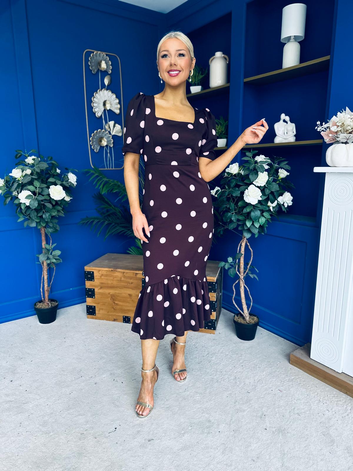 Jennifer Frill Hem Midi Dress Pink Polka Burgundy
