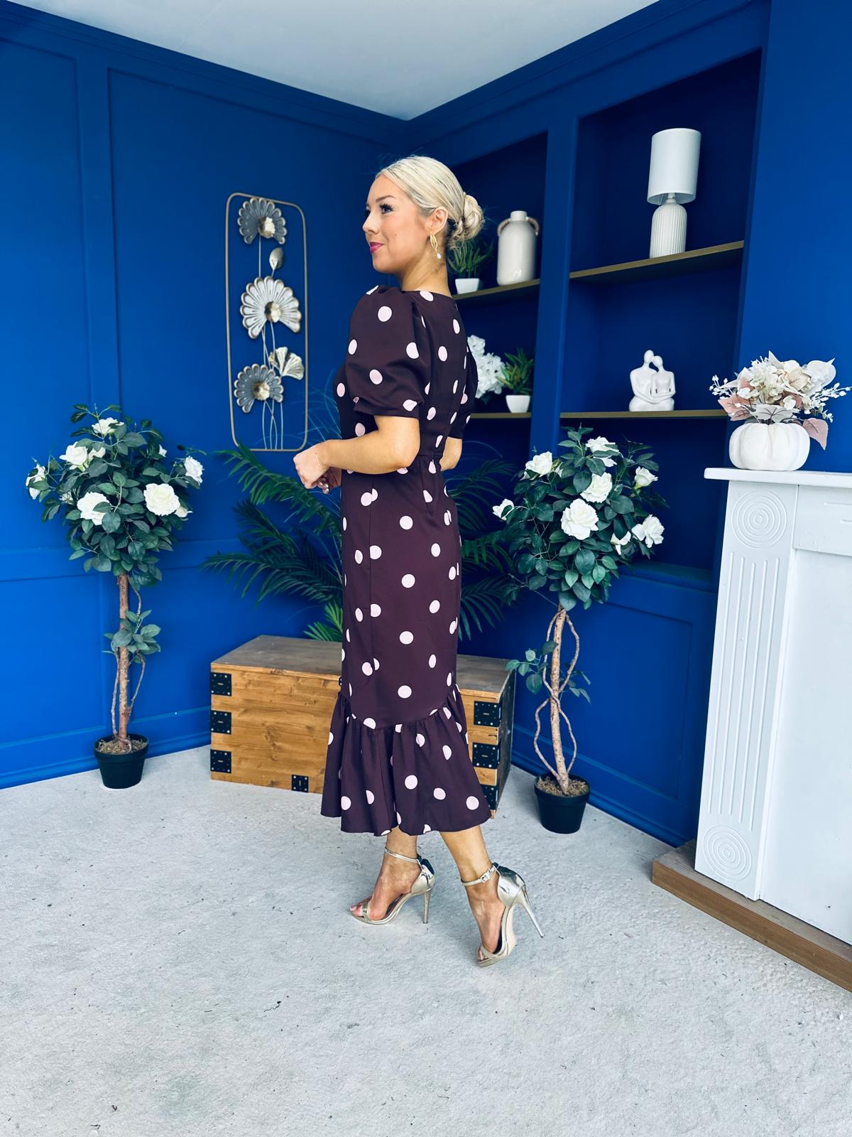 Jennifer Frill Hem Midi Dress Pink Polka Burgundy