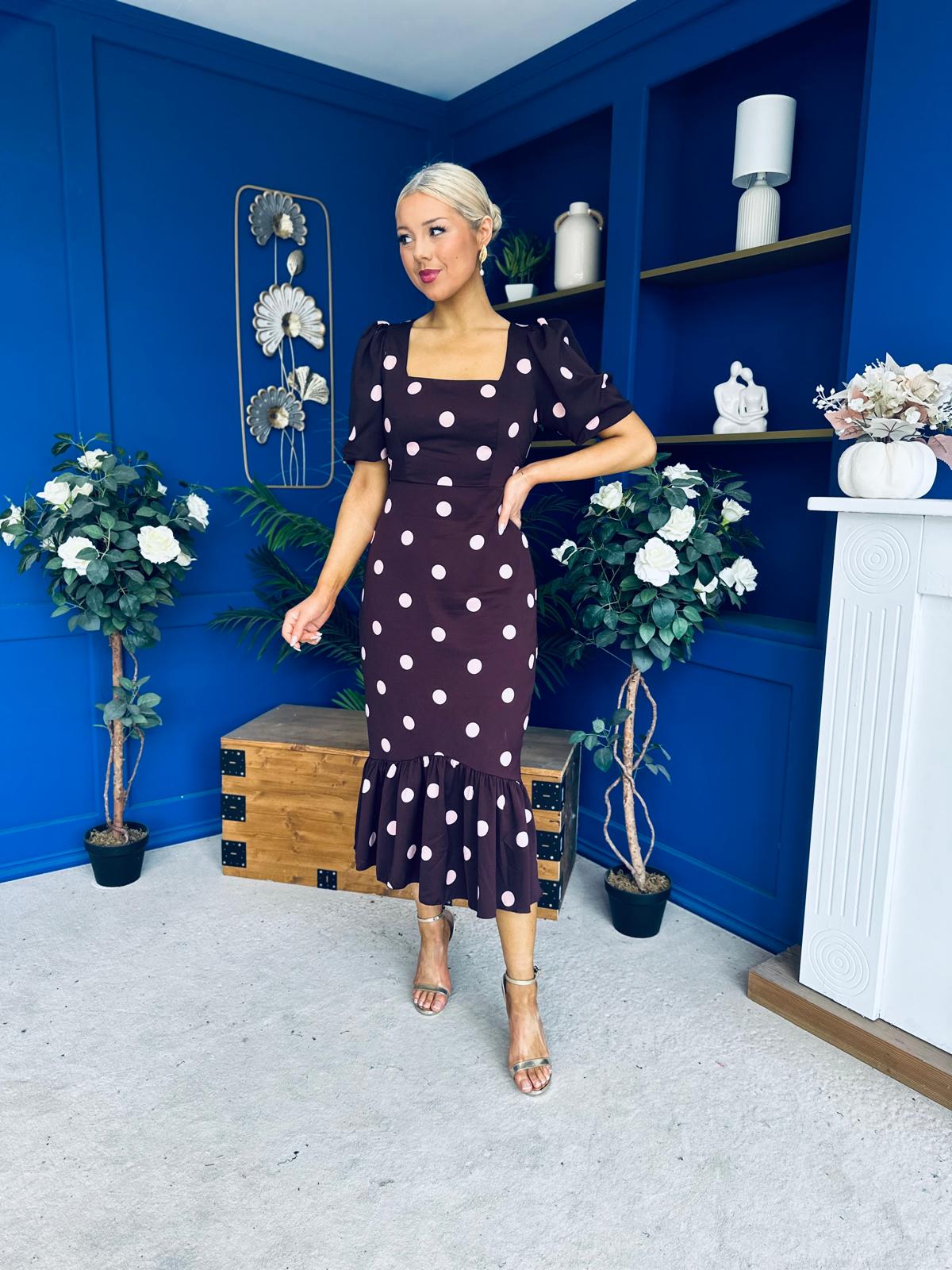 Jennifer Frill Hem Midi Dress Pink Polka Burgundy