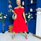 Helen Detailed Bardot Midi Dress Red