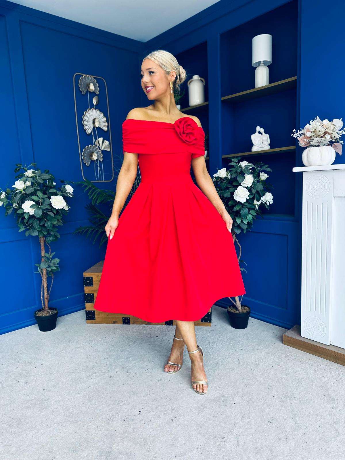 Helen Detailed Bardot Midi Dress Red