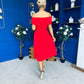 Helen Detailed Bardot Midi Dress Red