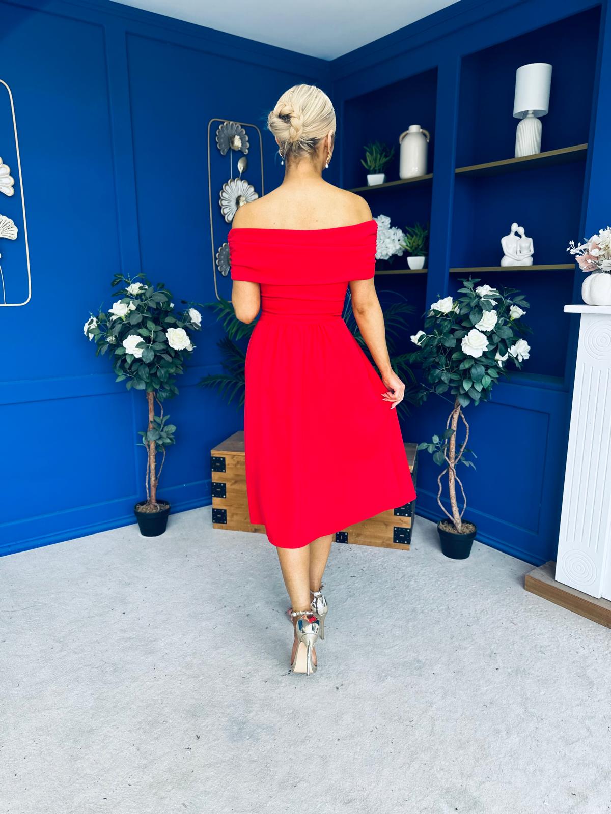 Helen Detailed Bardot Midi Dress Red