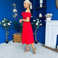 Helen Detailed Bardot Midi Dress Red