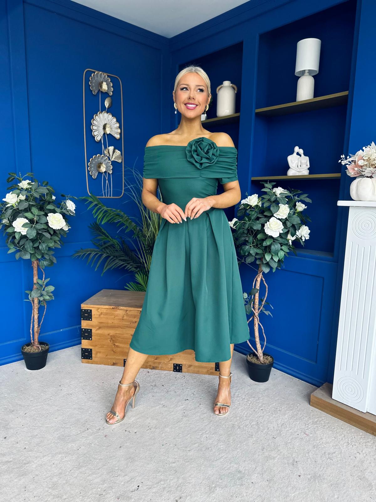 Helen Detailed Bardot Midi Dress Forest