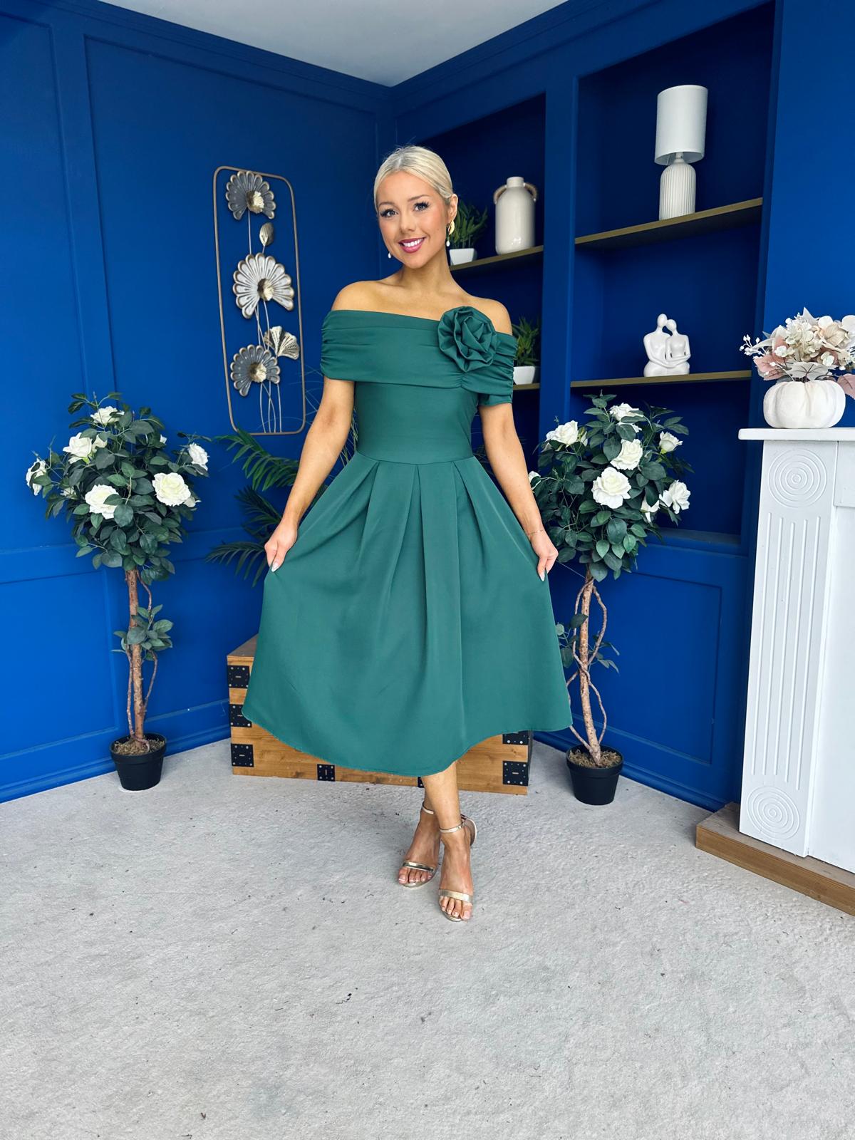 Helen Detailed Bardot Midi Dress Forest