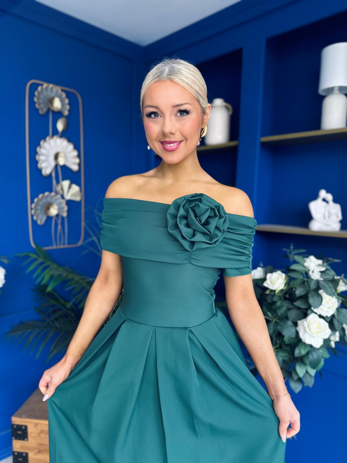 Helen Detailed Bardot Midi Dress Forest