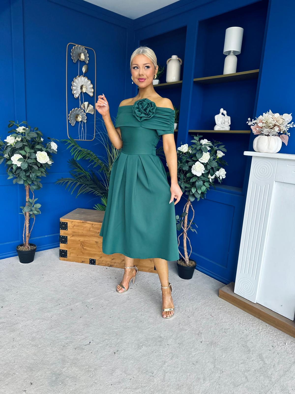 Helen Detailed Bardot Midi Dress Forest
