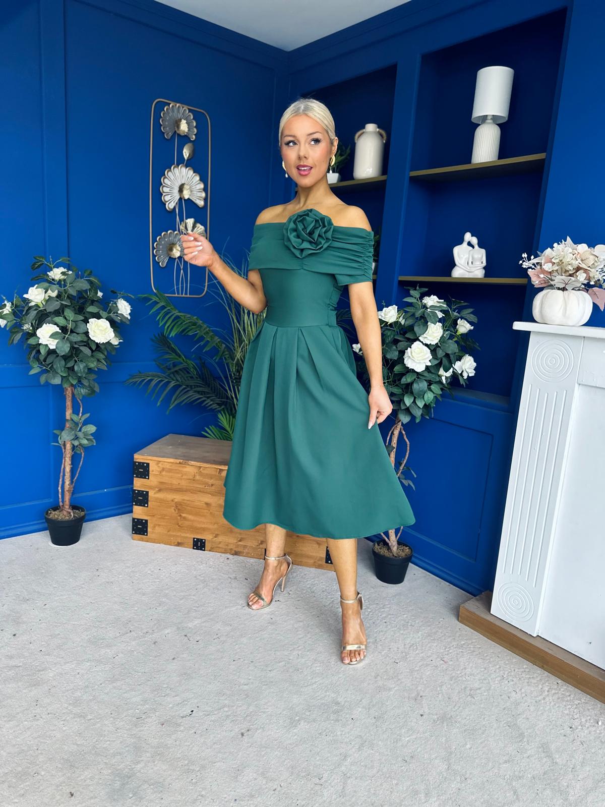 Helen Detailed Bardot Midi Dress Forest