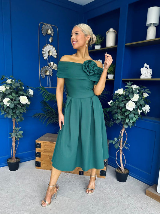 Helen Detailed Bardot Midi Dress Forest