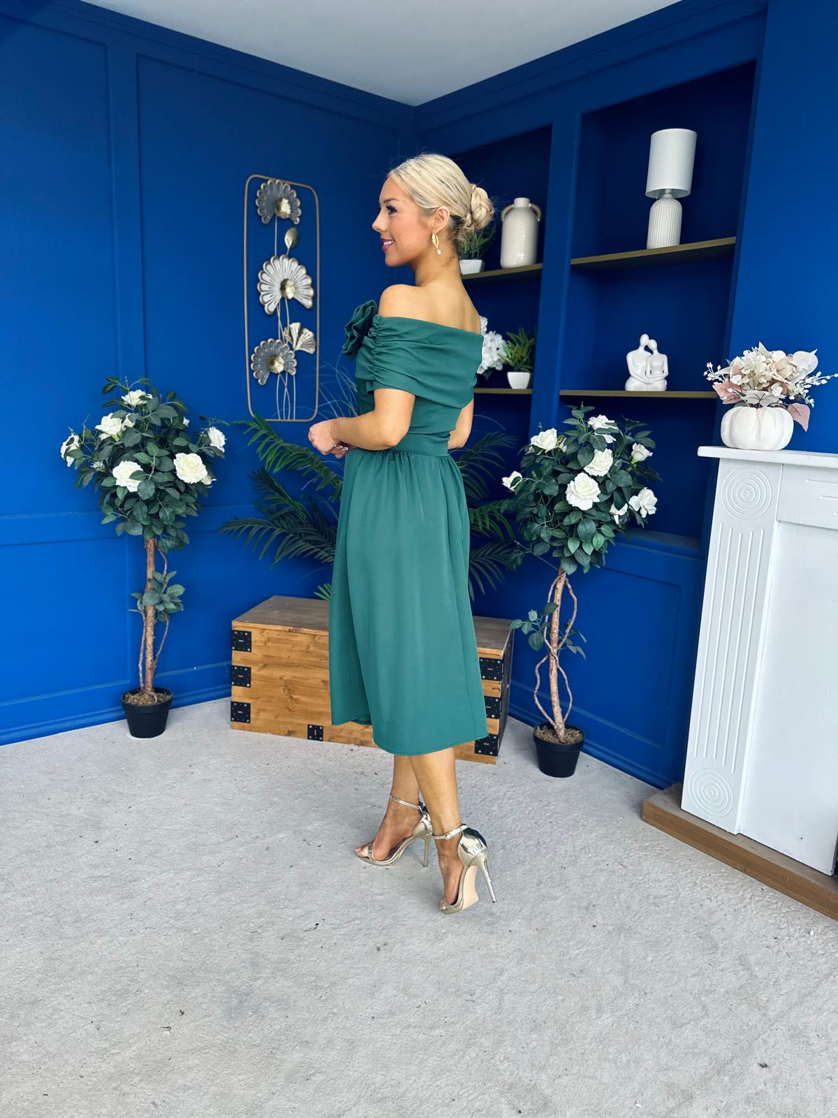 Helen Detailed Bardot Midi Dress Forest