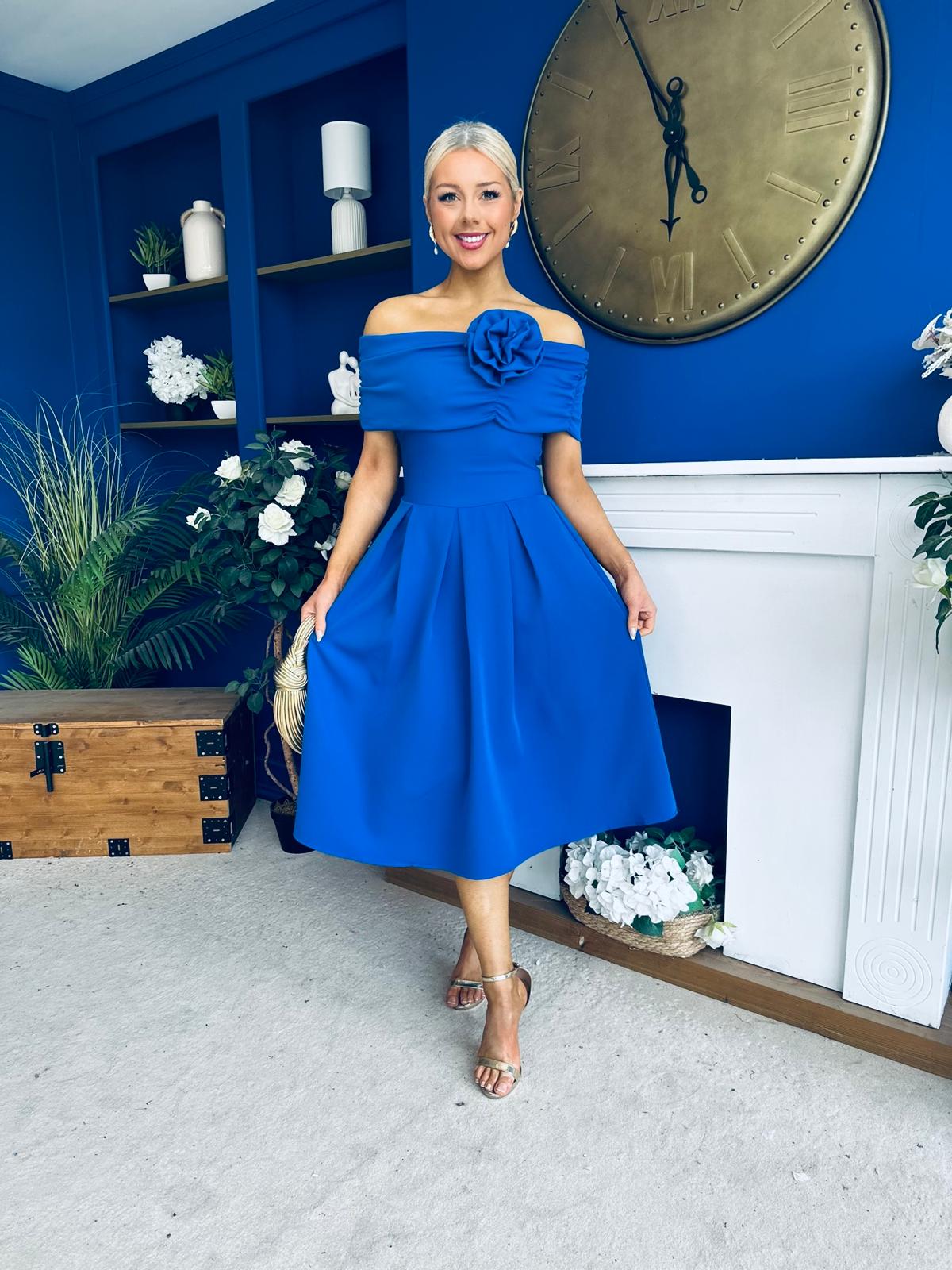 Helen Detailed Bardot Midi Dress Blue
