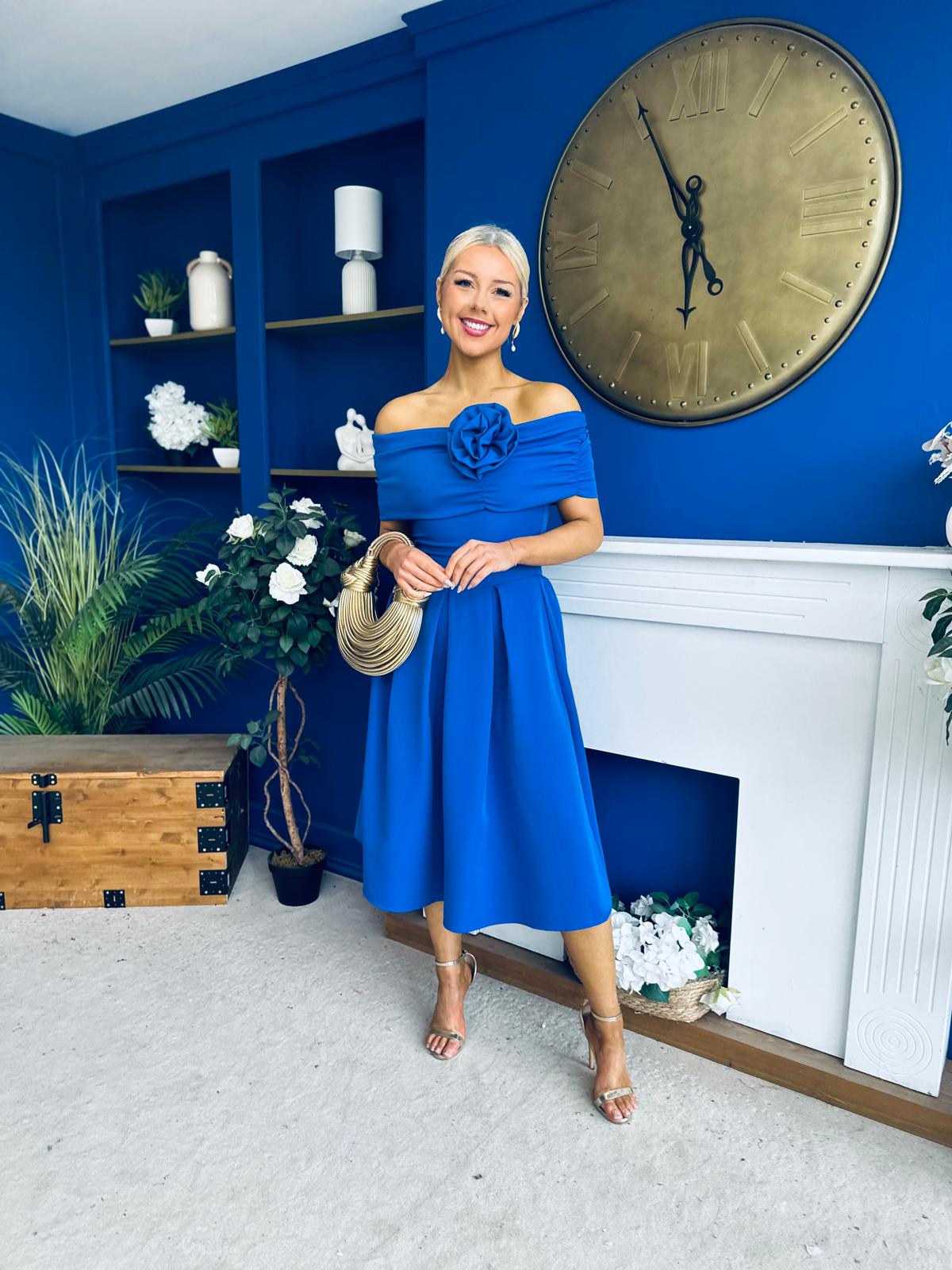 Helen Detailed Bardot Midi Dress Blue
