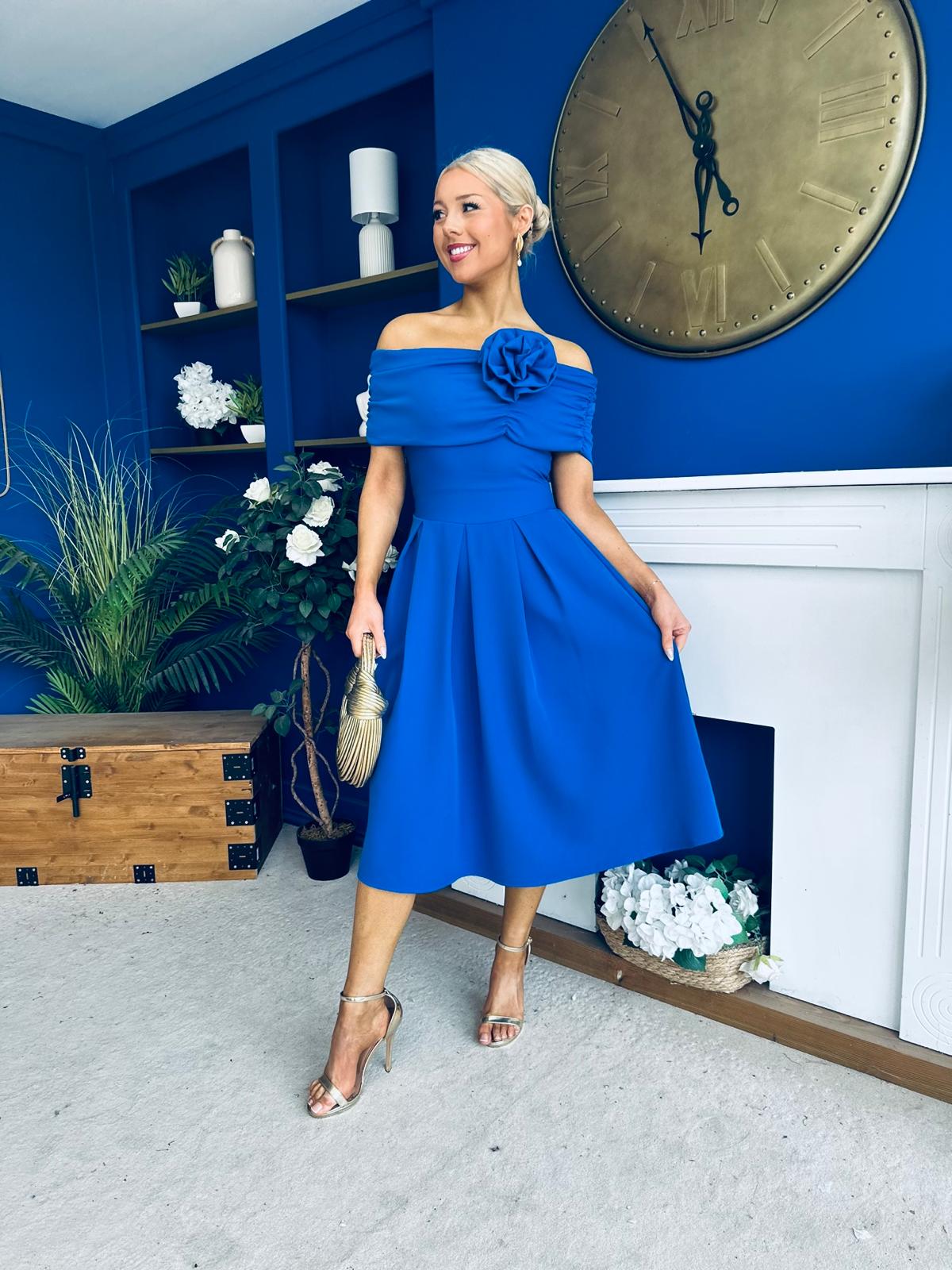 Helen Detailed Bardot Midi Dress Blue