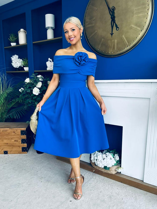 Helen Detailed Bardot Midi Dress Blue